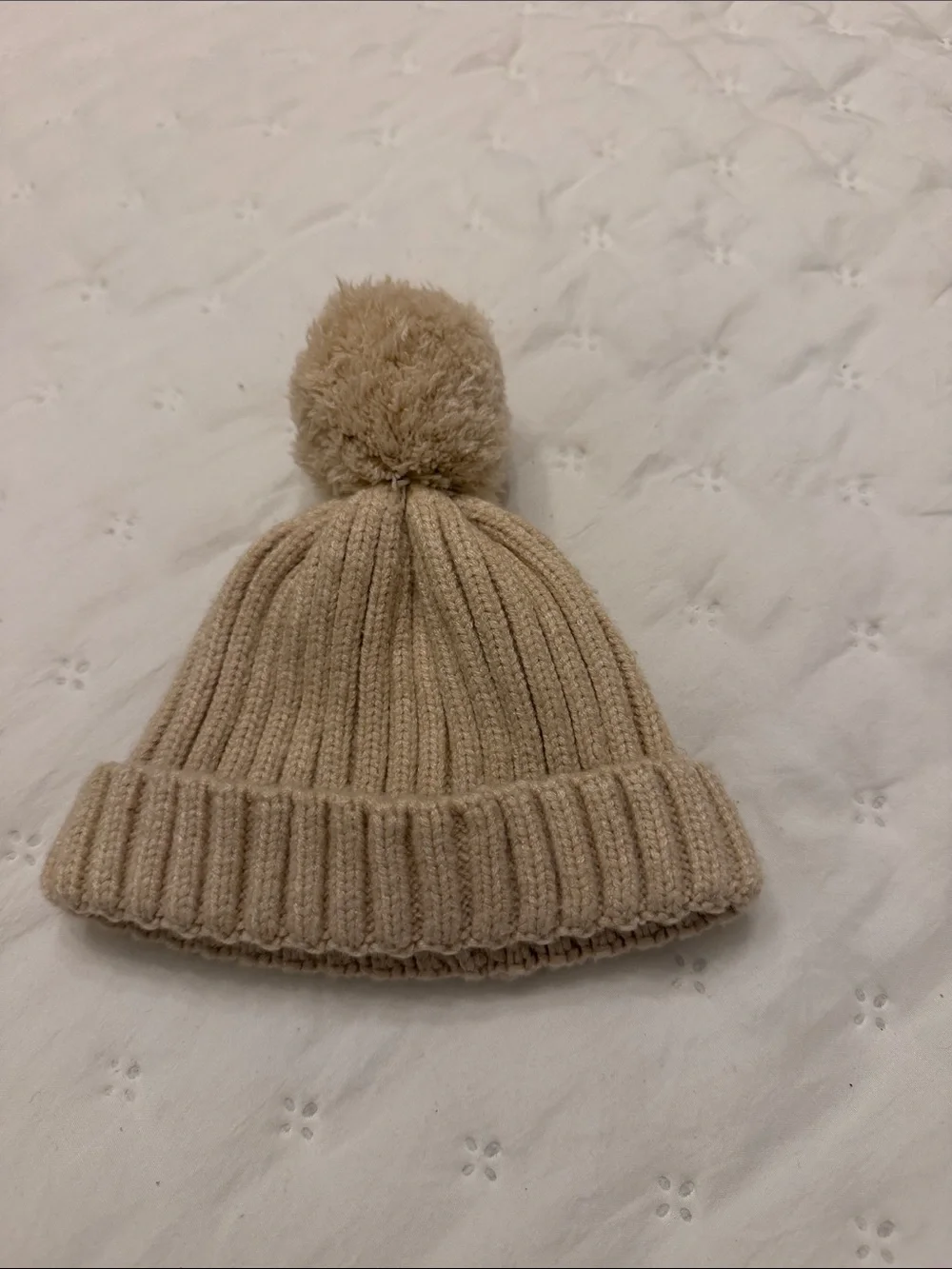 Kids Beige Pom-Pom Knit Beanie Hat
